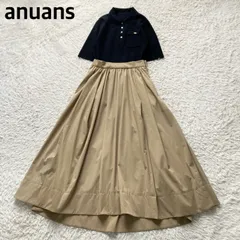 美品 anuans アニュアンス ポロニットドッキングワンピース フレア Aライン ロング マキシ丈 濃紺 ネイビー ベージュ Mサイズ 通勤 デート 女子会 半袖 美シルエット ロゴプレート