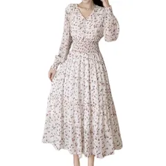Collecala　春花柄長袖シフォン小柄ロングワンピース 1