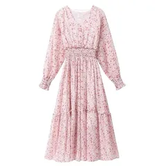 [Collecala] 女子長袖ワンピース レディーススプリング長袖ロング小花柄プリント ワンピース 膝下ミモレ丈 Vネック裏地付き ゴムハイウエスト きれいめonepiece 若い女の子かわいい服 S／M／L ローズピンク 1