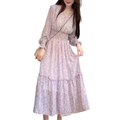 [Collecala] ワンピース レディース 花柄 秋冬膝下長いロングたけ小花柄プリント ミモレ丈Aライン通販 2025 裏地付き レディース服 purple XLサイズ 0