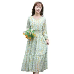 [Collecala] スウイートワンピース はる花柄シフォンわんぴーす 女の子初秋かわいいフレアワンピ 可愛い風 グリーン 0