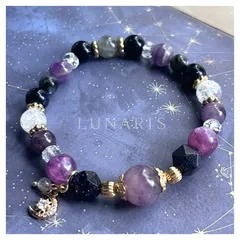 天然石ブレスレット｜マッシブバンデッドフローライト×パープルマイカ×アメジスト｜浄化・神秘・癒し｜月チャーム｜お守り｜一点物｜レディース｜【夜空に溶ける静寂】