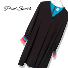 Paul Smith ポールスミス ブラック レディース 長袖 ワンピース ロングワンピース ひざ丈ワンピース カラーコントラストカフス マルチストライプ【サイズ40】Lサイズ相当 155TY