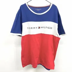 古着 トミーヒルフィガー TOMMY HILFIGER Tシャツ 切り替えし生地 ロゴプリント 英字 半袖 綿100% L ブルー系×ヘザーホワイト×レッド メンズ