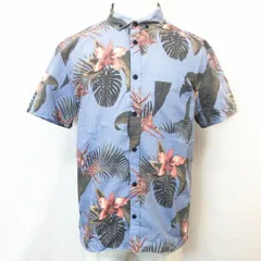 【中古】[印象AB] Bershka ベルシュカ ボタンダウンシャツ メンズ M ネイビー 紺 ポリエステル×綿 アロハ柄 花柄 胸ポケット 浅襟 半袖 ボックスカットのサムネイル