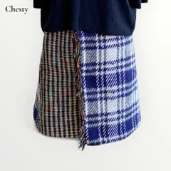 【Chesty】アシンメトリー切替チェック柄 フリンジ ツイード ミニスカート