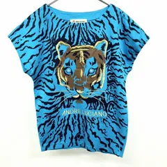 【中古】[印象AB] ANDRE LUCIANO アンドレルチアーノ Tシャツ レディース ブルー 綿100% ロゴ刺繍 ヒョウの目がストーン ボートネック ゴールド刺繍 ヒョウ柄 レオパード キモノスリーブ 半袖のサムネイル