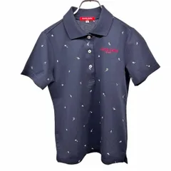 古着 マリクレール スポール marie claire sport ポロシャツ 花柄刺繍 ポケット無し 半袖 ポリ100% M ネイビー 紺×白×ピンク レディース