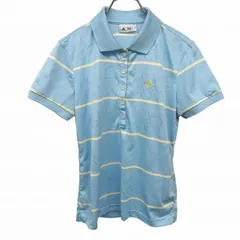 古着 アディダス adidas ゴルフ ポロシャツ ボーダー×花柄 半袖 ポケット無し ロゴ刺繍 ポリ100% L ブルー 青×黄×白 レディース