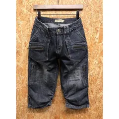 古着 BaBo デニムクロップドパンツ 英字×花柄プリント サイドにギャザー ジーンズ ジップフライ カジュアル L ダークネイビー レディース