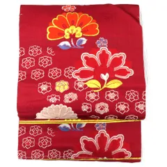 名古屋帯 アンティーク帯 昔名古屋帯 絹 エンジ色×多色×金彩 雲取 花 昔帯 レトロモダン 明治・大正ロマン 長さ337.5cm