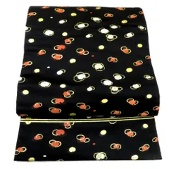 名古屋帯 アンティーク帯 昔名古屋帯 絹 黒×白オレンジ×金 丸 輪 水玉 ドット 昔帯 レトロモダン 明治・大正ロマン 長さ333cm