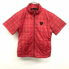 【中古】[印象A] TIGORA ティゴラ ジャケット レディース M レッド系 赤系 ポリ100% 内ポケット無し ゴルフ 中綿 ジップアップ チェック ハイネック ロゴワッペン 半袖のサムネイル