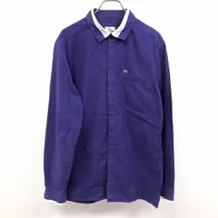 【中古】[印象B] LACOSTE ラコステ シャツ メンズ 40 ネイビーパープル系 青紫系 綿100% スリムフィット ワニのミニロゴ刺繍 胸ポケット付き ボックスカット フライフロント ボタン留め 襟とカフスのフチがホワイト 長袖のサムネイル