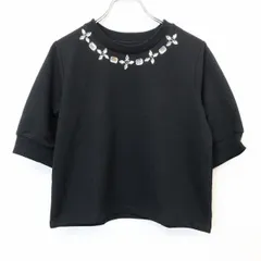【中古】[印象AB] ViS ビス スウェットシャツ / トレーナー / カットソー レディース M ブラック 黒 ポリエステル×綿 裏毛 首元に飾りビーズ 丸首 半袖のサムネイル
