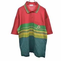 【中古】[印象AB] Paris パリス ポロシャツ メンズ L レッド 赤×緑×オリーブ×紺(ラメ糸：ゴールド) 綿100% 胸ポケット付き ゴルフ ボーダー ロゴ刺繍 半袖のサムネイル