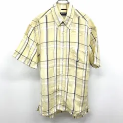 古着 ノーティカ NAUTICA シャツ チェック ロゴ刺繍 ボタンダウン 半袖 胸ポケット 麻×レーヨン S イエロー×ホワイト×ネイビー 黄色 メンズ