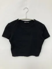 ZARA ザラ Tシャツ/カットソー USA M ブラック 無地 ショート丈 半袖 クルーネック(丸首)