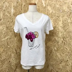 古着 【訳アリ】 VICKY ビッキー 2 レディース Tシャツ Vネック ドリンクイラスト ビーズ カットソー ボックスカット半袖 綿100% 白 ホワイト