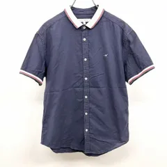 【中古】[印象B] ABAHOUSE ecru アバハウス エクリュ シャツ メンズ 4 ネイビー×ホワイト×レッド 紺 綿100% 若干薄手 リブカラー 浅襟 英字刺繍 半袖のサムネイル