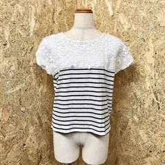 古着 earth music＆ecology 花柄レースTシャツ ボーダー柄 キモノスリーブ 丸首 ショートスリーブ カットソー 綿100% F 白×黒 レディース