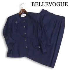 BELLEVOGUE ベルヴォーグ 春夏★ 刺繍 ノーカラー ジャケット&スカート スーツ セットアップ Sz.11 レディース 紺 レトロ
