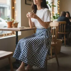 POLO RALPH LAUREN ポロ ラルフローレン ギンガム リネン ラップ スカート ブルー M