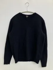 UNIQLO ユニクロ ニット/セーター L ネイビー ウール・ニット 無地 ミドル丈 長袖 Vネック