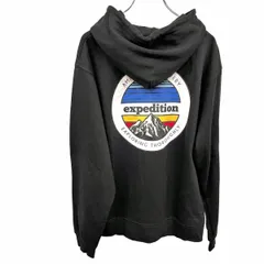 古着 WEGO プルオーバー パーカー スウェット 裏毛 『expedition』 山 両面プリント 長袖 ポリ×綿 M ブラック 黒×白×青×赤×黄 メンズ
