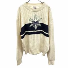 【中古】[印象AB] DOLCE ニット / セーター メンズ L アイボリー 生成り×紺×緑 毛(カシミヤ混)×ナイロン ケーブルストライプ ボーダー 雪の結晶刺繍 長袖のサムネイル