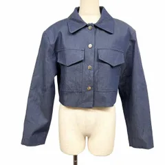 【中古】[印象A] ZARA ザラ ショートジャケット レディース M ブルー 青 綿×ポリウレタン 肩パッドの厚さは約1.5cm 両胸フラップポケット 内ポケット無し ドットボタン留め 総裏地 長袖 肩パッド入り 無地