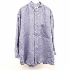 【中古】[印象AB] LANVIN ランバン バンドカラーシャツ メンズ 48 ネイビー 紺 麻100% リネン ストライプ 胸ポケットにロゴ刺繍 長袖 ロングテールのサムネイル