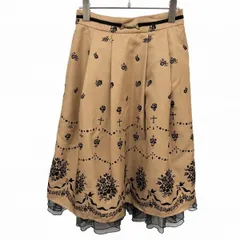 古着 axes femme フレアスカート ひざ下丈 ウエストゴム 裏地付き 花柄フロッキープリント 裾チュール ポリ100% F ブラウン 茶×黒 レディース