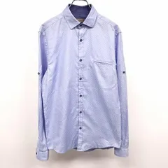 【中古】[印象AB] ZARA MAN ザラマン 平織りシャツ メンズ S ネイビー×ホワイト 紺 綿×ポリ ロングテール 総柄 ドット風のステッチ柄 長袖 袖ロールアップ 胸ポケットのサムネイル