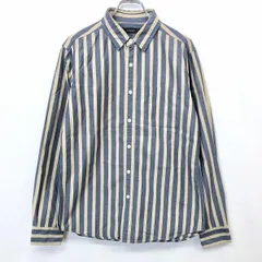 【中古】[印象A] RAGEBLUE レイジブルー シャツ メンズ M ネイビー×ベージュ 綿100% コットン ストライプ 長袖 ロングスリーブ 胸ポケットのサムネイル
