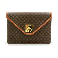 CELINE マカダム柄 ショルダーストラップ付属なし レザー×PVC ブラウン クラッチバッグ ゴールド