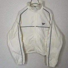 《Lady》Reebok ナイロンジャケット 白×黒ライン ワンポイントロゴ ジップアップ 軽量 Mサイズ