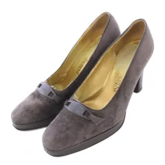 イヴサンローラン YVES SAINT LAURENT パンプス アーモンドトゥ チャンキーヒール スエード ロゴプレート 35.5 チャコールグレー /BB