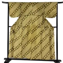 浴衣 身丈153.5cm 裄丈64cm M 絞り浴衣 斜縞 茶緑色 綿 名品 【中古】