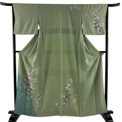 訪問着 身丈162cm 裄丈65.5cm M 袷 落款 菊 枝梅 ぼかし 薄緑 正絹 秀品 【中古】のサムネイル