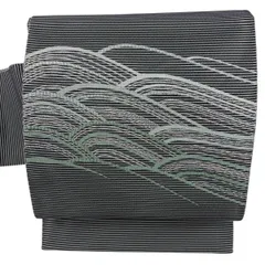 名古屋帯 秀品 夏帯 絽 トンネル仕立て 波 銀糸 黒灰 正絹 【中古】