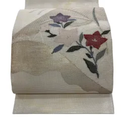 袋帯 秀品 夏帯 紗 関西仕立て 桔梗 山並み 箔 金糸 クリーム お太鼓柄 正絹 【中古】