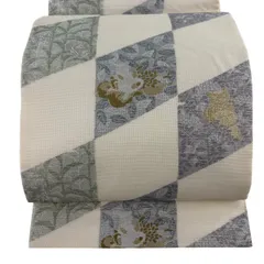 袋帯 秀品 夏帯 絽 猫 変わり市松 金銀糸 クリーム 六通 正絹 【中古】