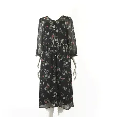 アーバンリサーチ URBAN RESEARCH シャツワンピース 楊柳 シアー フラワー 花柄 ロング ウエストリボン 7分袖 F 黒 ブラック マルチカラー 美品