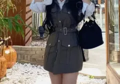 カーキ色ベルト ミニ ワンピース (シャツワンピース含む)