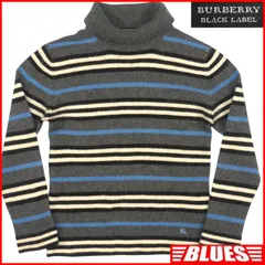 BURBERRY BLACK LABEL バーバリーブラックレーベル セーター L タートルネック ニット 3 ボーダー グレー ウール アンゴラ 刺繍 古着 メンズ ニット_セーターサイズL一覧←SEULB屋着古← HS489