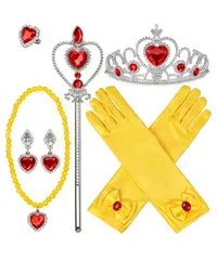 かつら 髪飾り イヤリング ネックレス 変身 手袋 指輪 ハロウィン 魔法のステッキ ティアラ クリスマ 子供 パーティー おもちゃ 飾り 文化祭 女の子 コスプレ用 演奏会 6点セット アクセサリー (金色) プリンセス