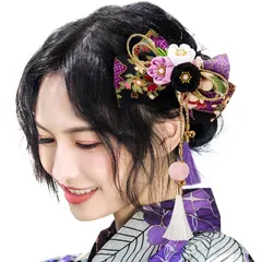 新商品 卒業式 着物 和装 浴衣 袴 振袖 成人式 髪 飾り リボン りぼん 和風 鈴付き つまみ細工 女の子 髪飾り ヘアアクセサリー 1枚 (I 黒紫)