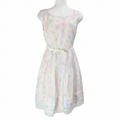 ロディスポット LODISPOTTO 美品 シアーワンピース ベルト付き ノースリーブ ひざ丈 花柄 M パステルカラー ピンク ブルー イエロー X