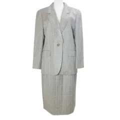 ビル ブラス Bill blass SELECTION サンヨー スカートスーツ セットアップ テーラードジャケット シングル ひざ丈 タイト ウール シルク グレンチェック M相当 L相当 ベージュ系 X